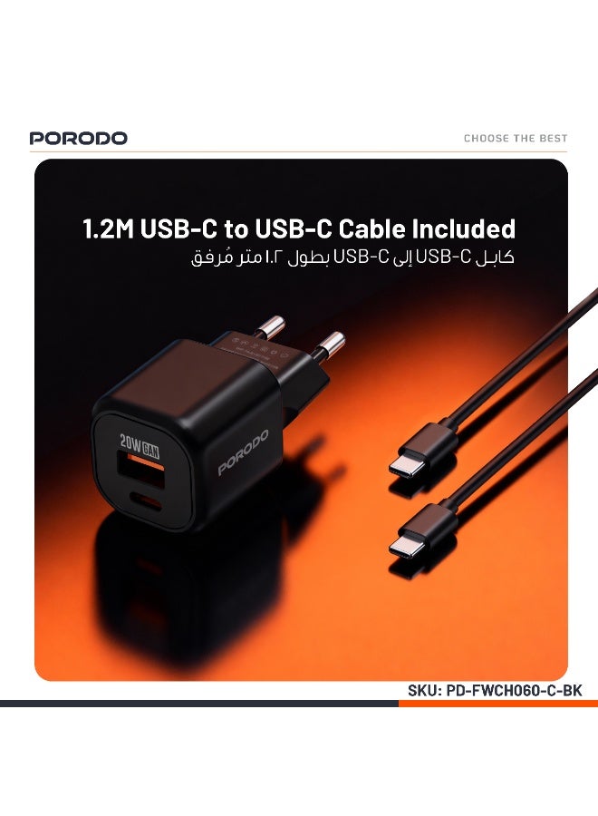 porodo GaN Dual-Port USB-A & Type-C QC 18W Quick Charger PD  20W Fast Charging with Simultaneous Charging & Built-In Safeguards / Reliable Companion / Over-Heat Protection / Type-C to Type-C Cable Included - Black - Image 3
